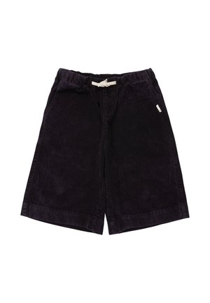 Zwarte corduroy kniebroek met een elastische tailleband en een witte aantrekkoord, voorzien van zijzakken en een klein wit label op de rechterzak.