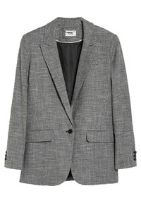 Blazer grigio e nero a spina di pesce con rever a incavo, chiusura con un solo bottone nero, tasche con patta e fodera interna nera.