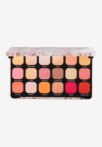 Lidschattenpalette mit 15 Nuancen in verschiedenen Texturen und einem blumenmusterverzierten Deckel. Die Farben umfassen Pfirsich, Pink, Gold und Rottöne.