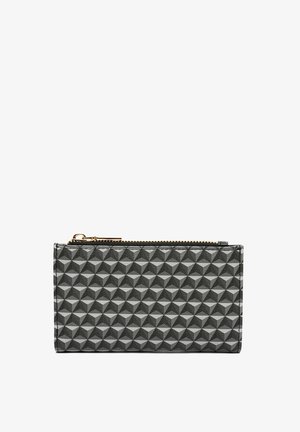 Gray geometric wallet featuring a textured pyramid pattern, zip closure, and gold-tone hardware accents. Compact and rectangular design.