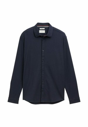 Marineblauwe long-sleeve button-up shirt met een gestructureerde kraag, textuurstof en contrasterende gestreepte details aan de binnenkant van de kraag.