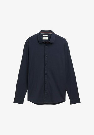 Camicia a maniche lunghe blu navy con colletto strutturato, tessuto testurizzato e dettaglio a righe a contrasto all'interno del colletto.