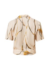 Korte mouw shirt in lichtbeige met abstract zwart en gouden patroon. Heeft een klassieke kraag en een casual pasvorm.