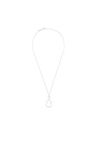 Collar de plata con un colgante en forma de oso. La cadena cuenta con un cierre redondo y pequeños elementos decorativos. Acabado suave, diseño minimalista.