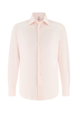 Lichtroze herenoverhemd met lange mouwen, subtiele verticale strepen, knoopsluiting aan de voorkant, klassieke spreadkraag en manchetten met één knoop.