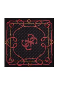 Écharpe en soie avec un fond sombre et un motif répété, rehaussé de motifs rouges en forme de chaîne et d'accents en métal doré.