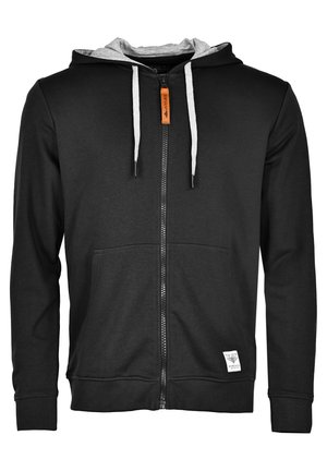 Sort zip-up hoodie lavet af bomuldsblanding, med en gråforet hætte, snøre, to forlommer og et lille mærke i sømmen.