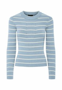 Ljust blå ribbad tröja med vita horisontella ränder, med rund halsringning och figurnära design. Långa ärmar med strukturerad textil.