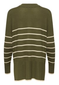 Maglione a maglia verde oliva con strisce orizzontali color crema. Vestibilità oversize con scollo rotondo e polsini a costine. Morbida texture, silhouette rilassata.