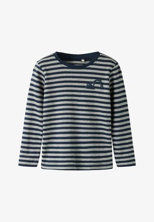 Langarmshirt met marineblauwe en grijze strepen, met een klein grafisch ontwerp van een bouwgraafmachine op de linkerborst.