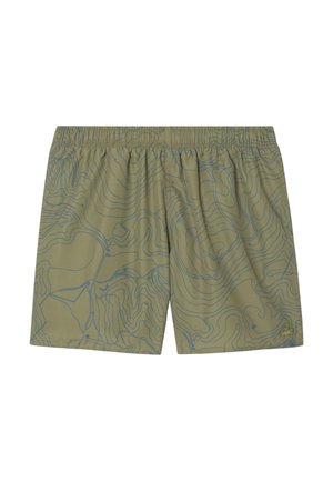 Pantaloni da nuoto verde oliva con un motivo a linea di contorno blu. Presentano una vita elasticizzata, tessuto morbido e un logo sul lato inferiore destro.