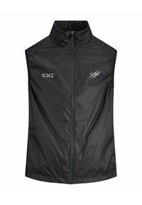 Zwarte mouwloze jas van lichtgewicht, gladde stof. Heeft een hoge kraag, een ritssluiting aan de voorkant en logo's in reflecterend grijs op de borst.