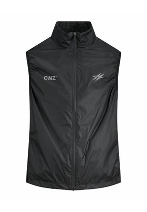 Must tummaseelne, varrukateta jakk kerge ja siledast kangast. Omadused: kõrge krae, eesmine lukustus ja helendavad hallid logod rinnal.