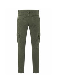 Cargo-Hosen in olivgrün mit mehreren Seitentaschen, einer taillierten Form und einer glatten Textur. Auch enthalten sind Gesäßtaschen und verstärkte Knie.