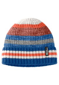Bonnet en tricot rayé bleu, orange, blanc et gris. Présente un revers roulé et un motif texturé. Comprend une étiquette de marque sur le côté.
