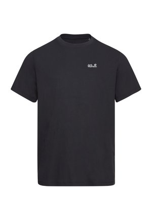 Black cotton t-shirt with short sleeves, ribbed crew neck, and a small white logo on the chest. Simple design and straight fit.