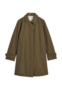 Zelenohnědý dlouhý plášť s knoflíkovým límcem, skrytým předním zapínáním, bočními kapsami a knoflíkovými manžetami na rukávech.