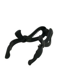 Dispositivo in plastica nera con impugnature regolabili e superficie testurizzata. Presenta braccia curve e componenti flessibili per una presa sicura.