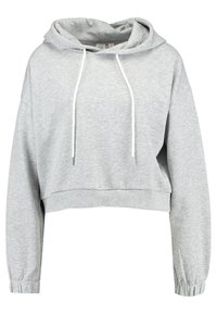 Felpa cropped grigia chiara con maniche lunghe, tasca a marsupio frontale, cordini bianchi regolabili e polsini elasticizzati.