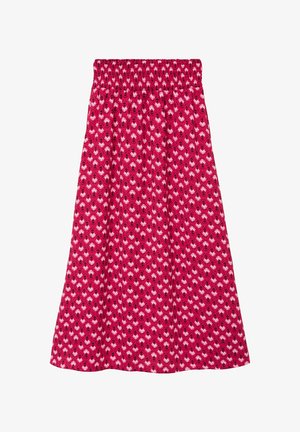 Rode knielange rok met elastische tailleband, voorzien van een herhalend patroon van kleine witte en zwarte bloemmotieven.