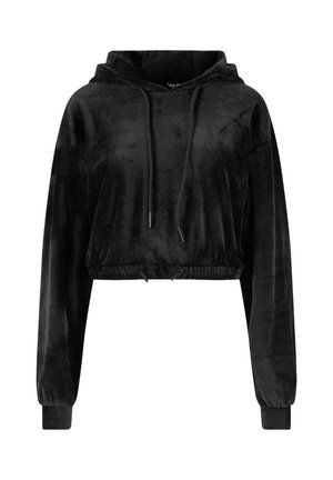 Čierna skrátená mikina s kapucňou vyrobená z mäkkého materiálu, s dlhými rukávmi, šnúrkou na kapucni a zberaným lemom pre tesné priliehanie.