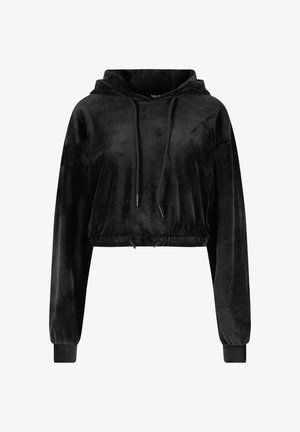 Czarna, krótka bluza z kapturem, wykonana z miękkiego materiału, z długimi rękawami, sznurkiem do regulacji kaptura oraz ściągaczem u dołu dla dopasowanego fasonu.