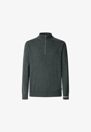 Dunkelgrauer Pullover aus weichem Stoff, mit hohem Kragen und Halb-Reißverschluss. Enthält gerippte Bündchen und Saumdetails.