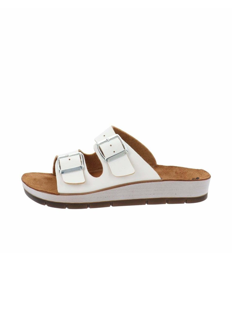 Infradito bianchi con due fibbie argentate regolabili, un plantare in suede marrone e una suola a cuneo texturizzata per comfort e supporto.