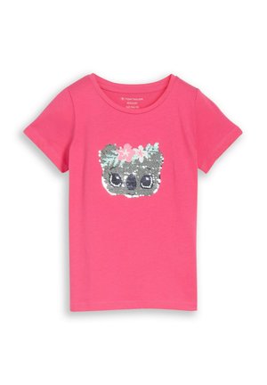 Felroze kind T-shirt met korte mouwen met een pailletten koalagezicht en bloemenkroon ontwerp aan de voorkant.