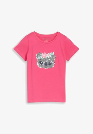 Helles pinkfarbenes Kinder-T-Shirt mit kurzen Ärmeln und einem Pailletten-Koalagesicht sowie Blumenkronen-Design auf der Vorderseite.