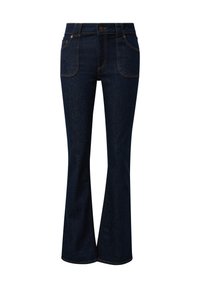 Dunkelblaue Schlagjeans aus Denim. Zu den Merkmalen gehören Fronttaschen, goldene Nähte und ein Knopfverschluss an der Taille.