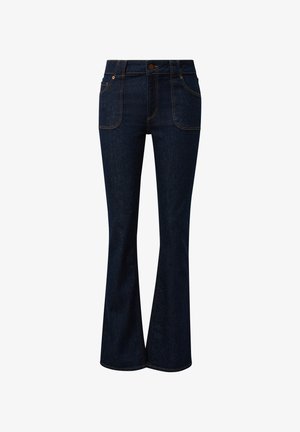 Dunkelblaue Schlagjeans aus Denim. Zu den Merkmalen gehören Fronttaschen, goldene Nähte und ein Knopfverschluss an der Taille.