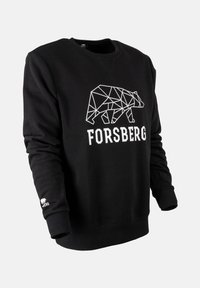 Schwarzer Baumwoll-Sweatshirt mit einem geometrischen Bärenmotiv in Weiß und dem Text "FORSBERG". Verfügt über gerippte Bündchen und Saum für einen maßgeschneiderten Look.