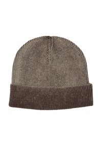 Gebreide beanie in bruine tinten. Heeft een omgeslagen rand en een gestructureerd patroon met een soepele bovenkant. Gemaakt van zachte, rekbare materiaal.