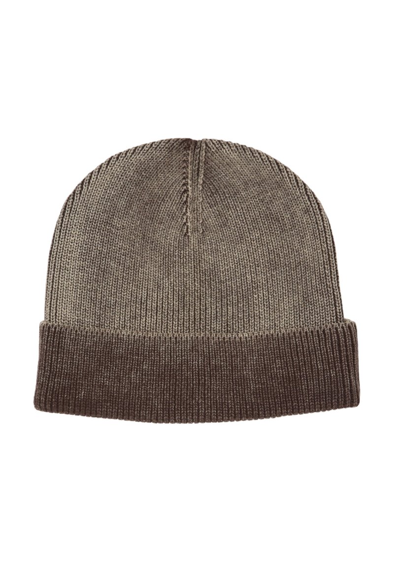 Gebreide beanie in bruine tinten. Heeft een omgeslagen rand en een gestructureerd patroon met een soepele bovenkant. Gemaakt van zachte, rekbare materiaal.