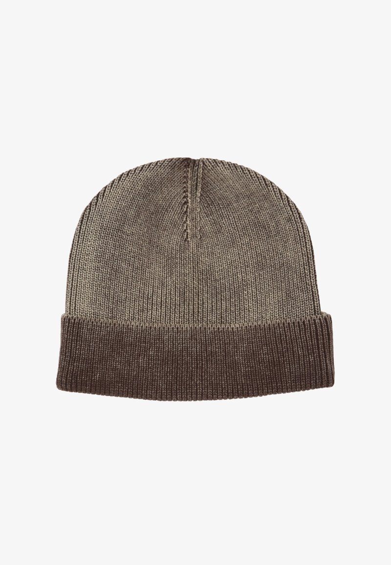 Gebreide beanie in bruine tinten. Heeft een omgeslagen rand en een gestructureerd patroon met een soepele bovenkant. Gemaakt van zachte, rekbare materiaal.