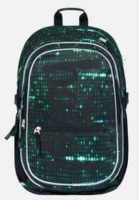 Zaino nero con un motivo in codice binario verde. Presenta due scomparti con zip e una maniglia superiore per un facile trasporto.