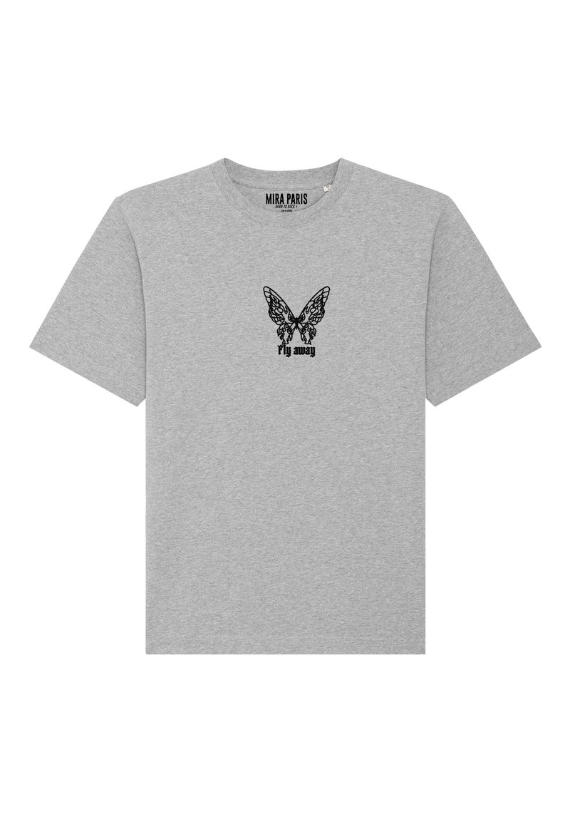Szary T-shirt z krótkim rękawem z bawełny, z czarną grafiką motyla i napisem "fly away" z przodu. Standardowy krój z okrągłym dekoltem.