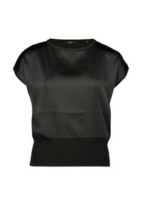 Czarny top z krótkim rękawem wykonany z gładkiego materiału, z prążkowanym dekoltem i dołem. Charakteryzuje się swobodnym krojem i minimalistycznym designem.