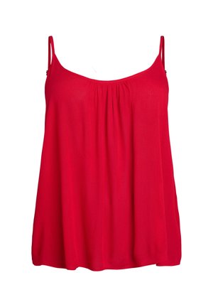 Red sleeveless top with a relaxed fit, made of lightweight fabric. Features a gathered neckline and thin spaghetti straps.
