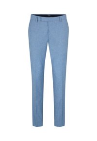 Helles blaues, maßgeschneidertes Hosen mit strukturierter Stoffqualität, geradem Beinanschnitt, vorderen Taschen und flachem Vorderteil. Eignet sich für formelle Anlässe.