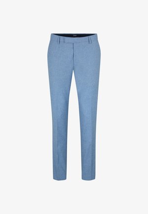 Lichtblauwe op maat gemaakte broeken van een gestructureerde stof, met een recht model, voorzakken en een platte voorkant. Geschikt voor formele kleding.