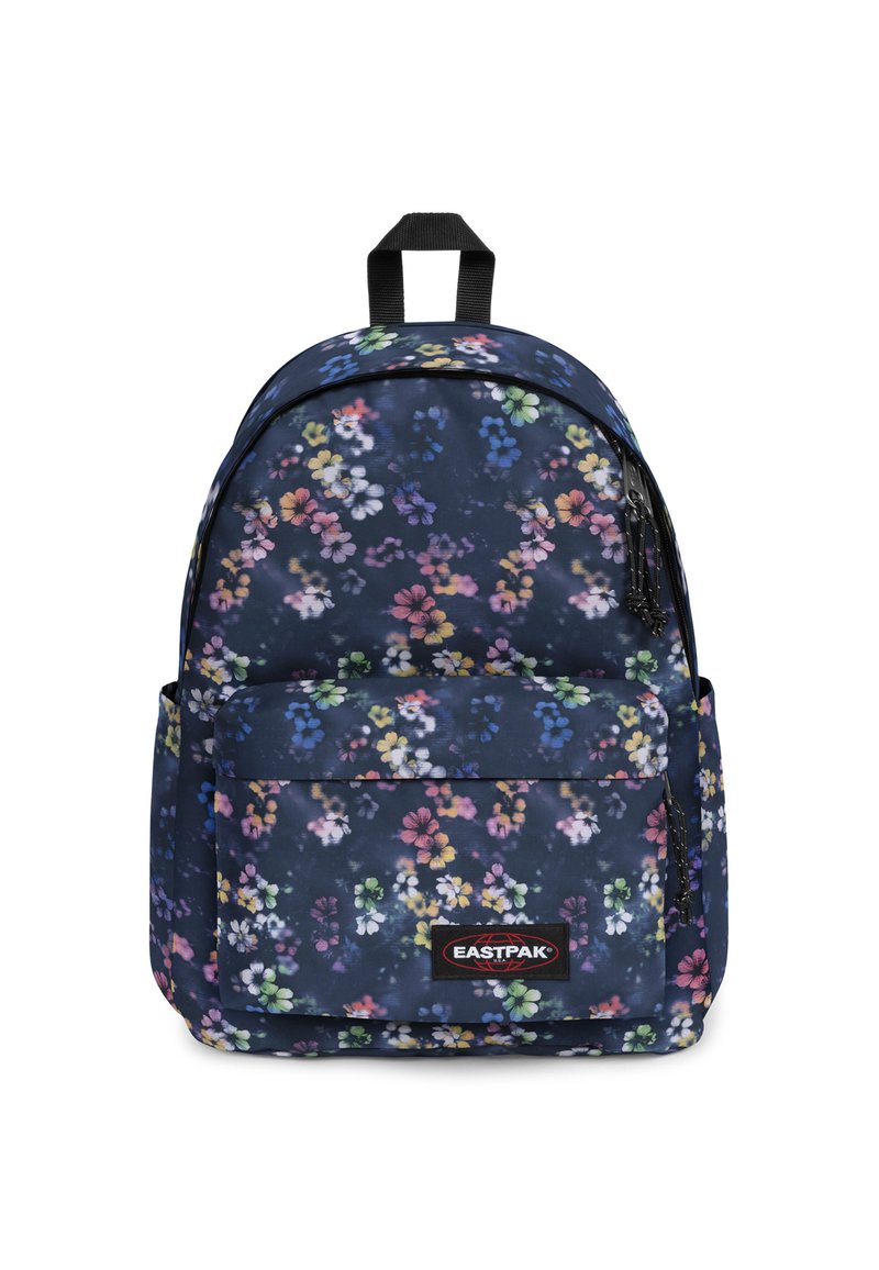 Sac à dos Eastpak floral bleu marine avec un motif de fleurs colorées, des bretelles réglables, une poche avant et une poignée supérieure pour un transport facile.