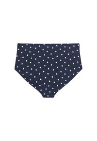 Hög midja bikiniunderdel i marinblått med vita prickar. Tillverkad av ett glatt tyg med en figursydd design och full täckning.