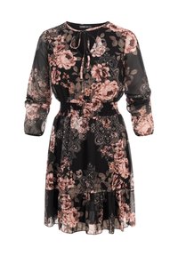 Robe noire à fleurs longueur genou avec des fleurs roses et beiges, manches longues en voile, taille élastique et détail de lien au niveau du col.