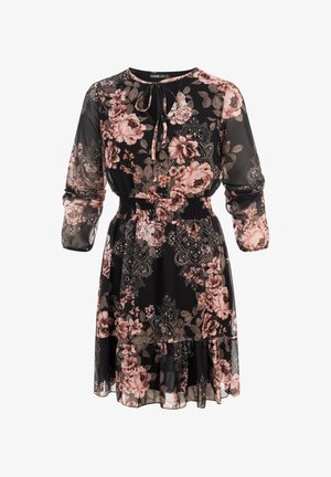 Sort knelang kjole med blomster i rosa og beige, med lange, gjennomsiktige ermer, elastisk midje og knyttebånd ved halsen.