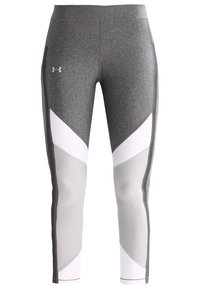 Harmaat Under Armour -leggingsit, joissa on valkoisia ja vaaleanharmaita paneeleja, korkea vyötärö ja logo vasemmassa reidessä.