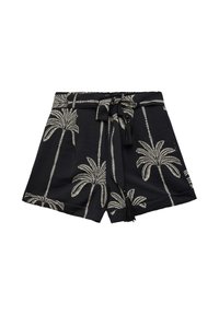 Czarne szorty z białym nadrukiem palm, z wiązanym paskiem i detalami w postaci frędzli. Wykonane z lekkiej, strukturalnej tkaniny.