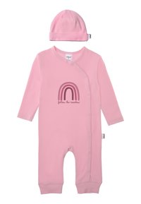 Rosa Baby-Overall mit langen Ärmeln, Druckknopfverschluss, mit einem Regenbogenmotiv und dem Text "folge dem Regenbogen". Inklusive passender Mütze.