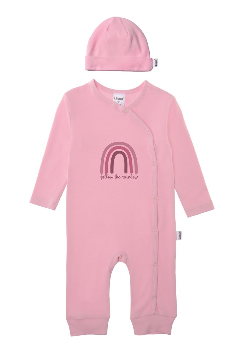 Rosa Baby-Overall mit langen Ärmeln, Druckknopfverschluss, mit einem Regenbogenmotiv und dem Text "folge dem Regenbogen". Inklusive passender Mütze.